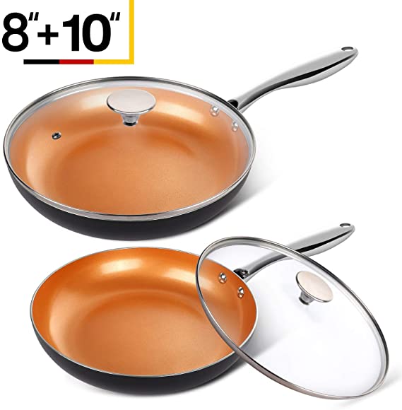 MICHELANGELO Copper Frying Pan Set with Lid, 8" & 10" Frying Pan Set, Nonstick Frying Pan Set, Copper Pans with Lid, Nonstick Skillets with Lid, Ceramic Fry Pan with Lid, 8" & 10"