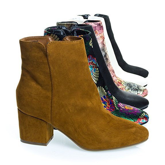 Velvet Oriental Floral Printed Block Heel Ankle Booties, Women's Shoe