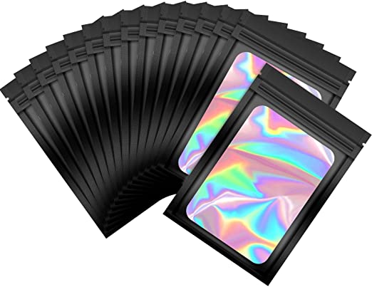 100 Pieces Smell Proof Mylar Bags Resealable Odor Proof Bags Holographic Packaging Pouch Bag with Clear Window for Food Storage Gloss Eyelash Jewelry Electronics Storage 4 x 6 Inch (Black)