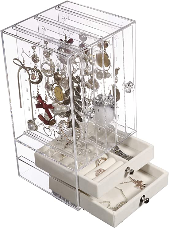 Acrylic Jewelry Boxes For Women Hanging Jewelry Organizer Holder With 2 Drawers for Earring Bangle Bracelet Necklace Ring Display Case Gift for Girls