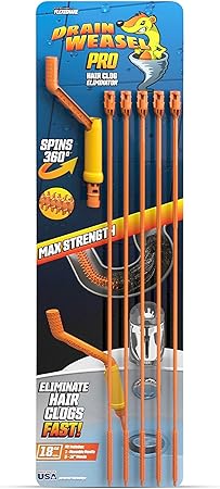 FlexiSnake Pro Drain Weasel Sink Snake Cleaner with New Molded Tip - 18″ - Drain Snake Clog Remover Tool with Rotating Handle & 5 Wand Refills - Easy to Use on Drains & Grates - Made in USA - 5-Pack