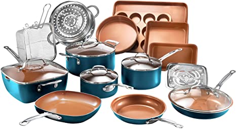 Gotham Steel Cookware   Bakeware Set with Nonstick Durable Ceramic Copper Coating – Includes Skillets, Stock Pots, Deep Square Fry Basket, Cookie Sheet and Baking Pans, 20 Piece, Blue