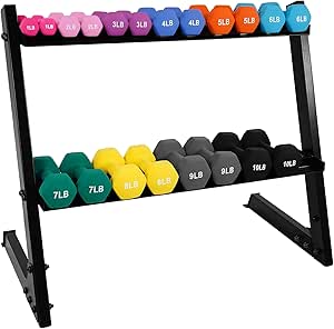 BalanceFrom Colored Neoprene Coated Dumbbell Set with Stand, 110-Pound Set (10 Pairs of 1-10lbs Pairs)