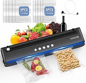 KOIOS Vacuum Sealer Machine, Automatic Food Sealer with Cutter, Dry & Moist Modes, Compact Design Powerful Suction Air Sealing System with 10 Sealing Bags & Air Suction Hose