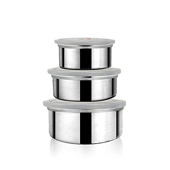 IEBIYO Pack of 3 Food Storage Containers w/Leak Resistant Lids, Stainless Steel Rustproof Bento Box, Lightweight Recyclable Round Containers, 3 Sizes for Sandwiches Cut Veggies Nuts Berries Cookies