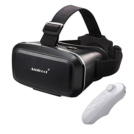 3D VR Headset,Amicool Lightweight Virtual Reality Glasses Adjust Cardboard Video Movie Game Box with Bluetooth Remote Controller for iPhone 7 6/6S Plus and Other 4.0 - 6.0 inch Smartphones