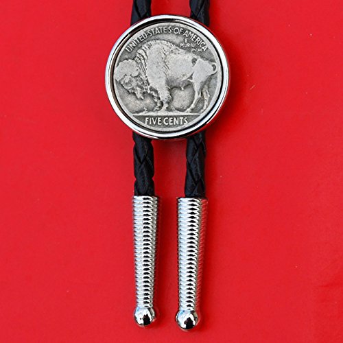 US 1913 ~ 1938 Indian Head Buffalo Nickel 5 Cent Coin Silver Plated Slide 36" Leatherette Cord Bolo Tie NEW