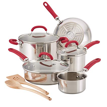 Rachael Ray 70413 Create Delicious Cookware Pots and Pans Set, 10 Piece, Stainless Steel with Red Handles