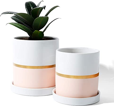 POTEY 052003 Cylinder Ceramic Plant Pot - 4.9 & 3.9 Inch Planters with Pink Golden Detailing for Indoor Plants Flower Succulent with Drainage Hole & Saucer, Set of 2