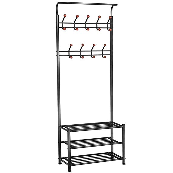 Yaheetech Metal Entryway 18 Hooks Coat Rack with 3-Tier Shoe Rack Bench Hat Umbrella Stand (Black)