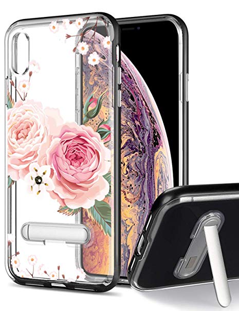 Floral iPhone Xs Max Case Stand,GREATRULY Slim Shockproof Magnetic Kickstand Bumper Case iPhone Xs Max 6.5 Inch,Crystal Clear Cute Flower Soft Thin Protective Silicone Phone Cover Shell,FL-R