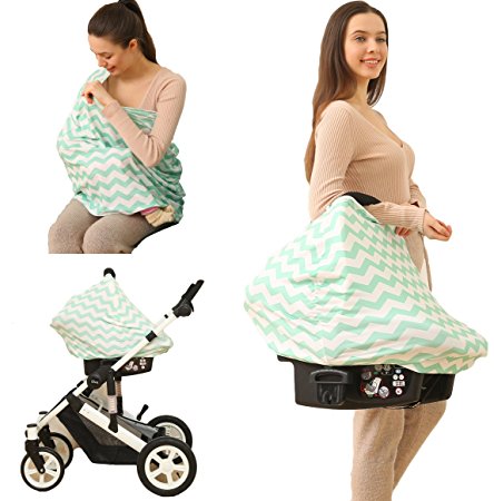 Baby Car Seat Cover canopy nursing and breastfeeding cover(light green and white chevron)