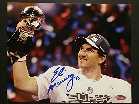 Autographed/Signed Eli Manning Trophy Blue New York Giants 8x10 Photo Steiner Sports COA Hologram Only