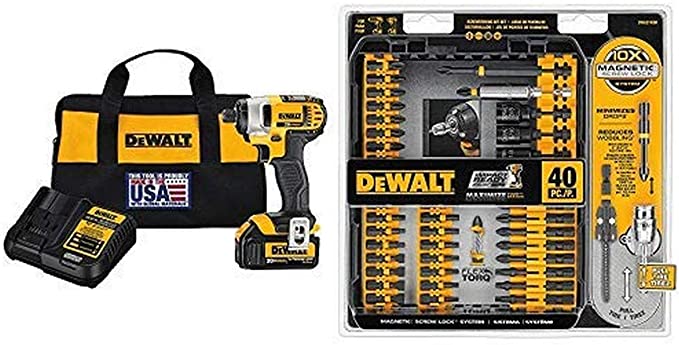 DEWALT DCF885L1 20V MAX 1/4" Impact Driver Kit with 1 Battery with DEWALT DWA2T40IR IMPACT READY FlexTorq Screw Driving Set, 40-Piece