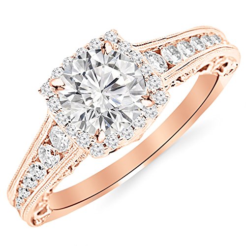 2.25 Carat 14K White Gold Vintage Halo Style Channel Set Round Brilliant Diamond Engagement Ring Milgrain with a 1.5 Carat Moissanite Center