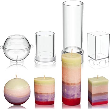 4 Pieces Plastic Candle Molds Clear Candle Making Molds Including Pillar Mold, Cylinder Mold, Rectangle and Sphere Shape Mold for DIY Candle Handmade Supplies