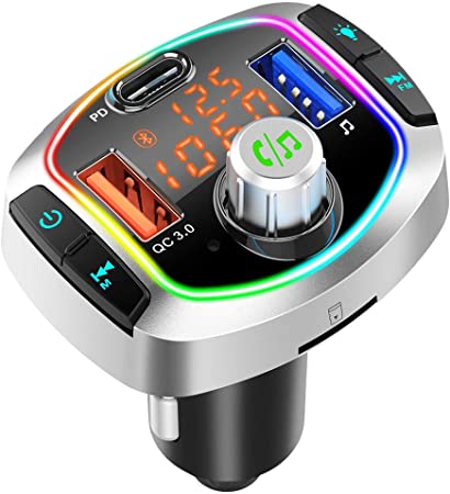 Bluetooth FM Transmitter for Car, QC3.0 USB-C Fast Charger Wireless Bluetooth Car FM Radio Adapter Bluetooth 5.0 Music Player FM Car Kit with Hands-Free Calls, 3 USB Ports, Support TF Card USB Drive