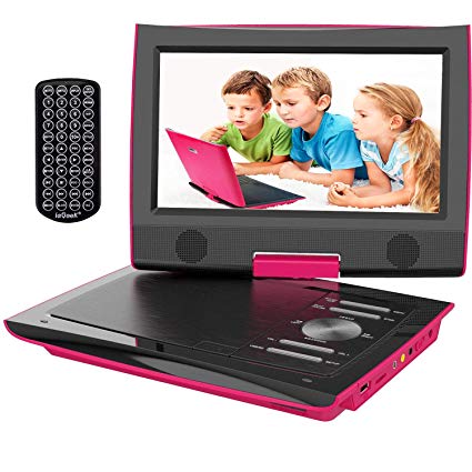 ieGeek Region-Free 9 inch Portable DVD Player, Brightness Swivel Screen,5 Hours Rechargeable Battery, Remote Control,2 Earphone Jack, SD/MMC USB Reader, AV Output, Rose Red