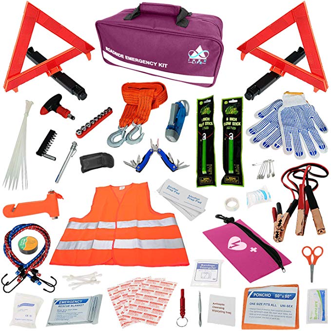 INEX Life Car Emergency Roadside Assistance Kit 112 Pieces - First Aid Kit, Premium Jumper Cables, Reflective Safety Triangle, Tow Strap, Tools, Warning Vest (Purple, Pink)