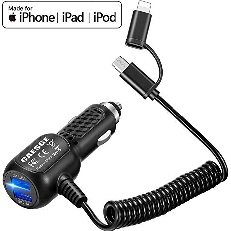 USB Car Charger for iPhone/Android， 2 in 1 Cable Power Cord Connected Car Charger Adapter with iPhone Micro USB Car Charger Dual Port USB Car Phone Charger 24W/4.8A with Coiled USB Cable Built-in Fuse