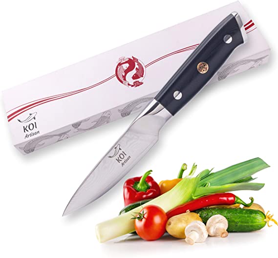KOI ARTISAN Damascus Paring Knife - 3.5 Inch Razor Sharp Edge – Chef Knife 67 Layers of Japanese Damascus VG10 Super Steel - Military Grade G10 Handle Kitchen Knives