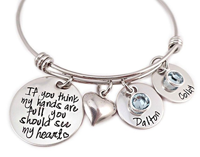If You Think My Hands Are Full You Should See My Heart - Personalized Hand Stamped Bangle Bracelet