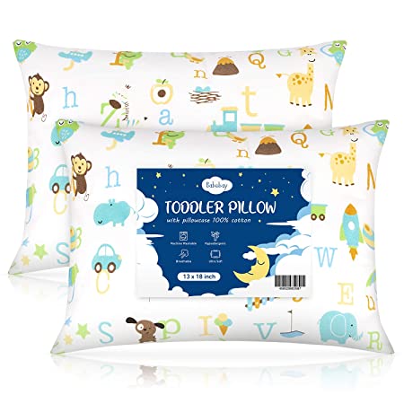 Toddler Pillow,13 x 18 Baby Pillows for Sleeping, Machine Washable Kids Pillow with Soft Cotton Pillowcase, Perfect for Travel, Toddlers Cot, 2 Pack