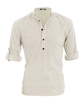 Sourcingmap Allegra K Men Grandad Collar Roll Up Sleeves Heathered Henley Shirt