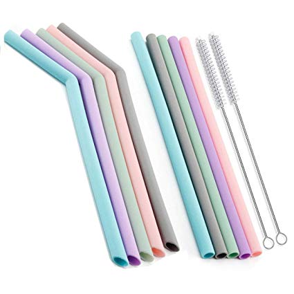 ALINK Reusable Silicone Straws Set of 10 Drinking Straws 10 Inch Long for 20oz 30oz Tumblers Smoothies Milkshakes Coffee- Extra long Flexible Straws - Bpa-free - No Rubber Tast(5 Bent   5 Straight 2 Cleaning Brushes )