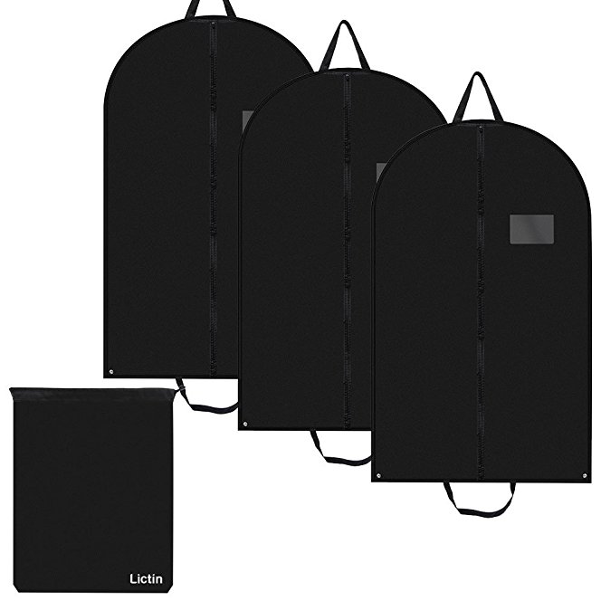 Lictin 3 pcs 100*60cm Breathable Garment Suit Clothes Covers Bags, 40 inch Suit Covers Foldable Bag with Handles and 1 Shoes Bag Black Bag Good for Traveling Easy to Carry