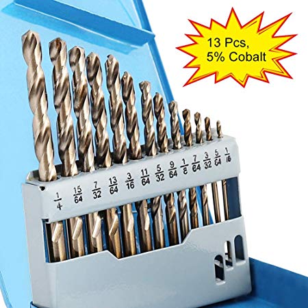 COMOWARE Cobalt Drill Bit Set- 13Pcs M35 High Speed Steel Twist Jobber Length for Hardened Metal, Stainless Steel, Cast Iron and Wood Plastic with Metal Indexed Storage Case, 1/16"-1/4"