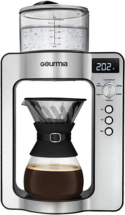 Gourmia GCM3350 Fully Automatic Pour Over Coffee Brewer - Built-in Scale with Auto Ratios - Rotating Spout - Authentic Barista Pour - Programmable Timer - Custom Temperature & Ratios - Glass Carafe