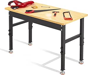 48" Adjustable Workbench,Heavy Duty Workstation with Rubber Wood Top, 2000 LBS Load Capacity Hardwood Garage Workbench for Garage,Office,Workshop,Home, Easy Assembly