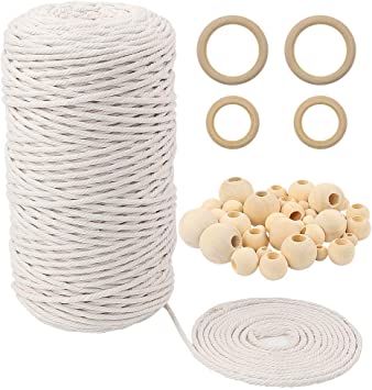 Quefe Macrame Cord 3mm x 220 Yards Natural Macrame Rope Macrame Supplies Wooden Beads for Wall Hanging, Plant Hangers, Crafts, Knitting, Decorative Projects