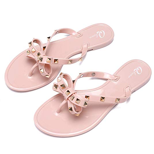 Qilunn Womens Rivets Bowtie Flip Flops Jelly Thong Sandal Rubber Flat Summer Beach Rain Shoes