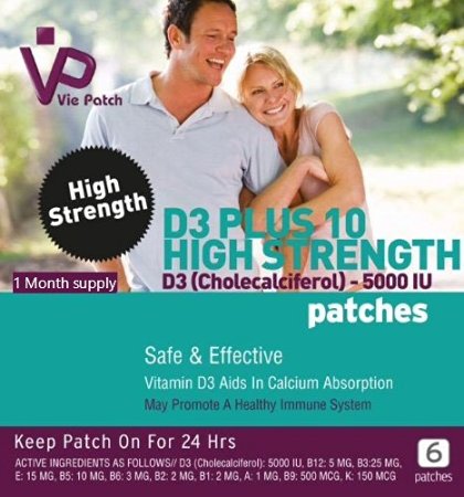 Vie Patch - VITAMIN D3 PLUS 10 HIGH STRENGTH - 5000 IU- 6 Patches. Aids In Calcium Absorption. 100% Natural. 6 Weeks Supply