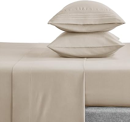 CozyLux King Bed Sheets Set 1800 Series 4-Piece Embroidered Double Brushed Microfiber Sheets 16" Deep Pocket Hotel Soft Luxury Bedding Sheet Set, Wrinkle Resistant, Beige