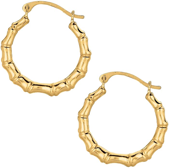 10k Real Yellow Gold Bamboo Hoop Earrings