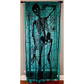 Black Skeleton Halloween Lace Window Curtain - 36 Inches X 84 Inches - And Halloween Wine Bottle Label