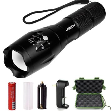 ONSON LED Flashlight,1000 Lumen Zoomable and Waterproof LED Outdoor Handheld Flashlight,Adjustable Focus-5 Modes Torch,Rechargeable 18650 Lithium Ion Battery and Charger