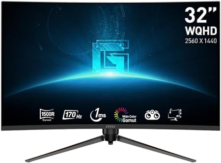 MSI G32CQ5P, 32" Gaming Monitor, 2560 x 1440 (QHD) Curved Gaming Monitor, 1 ms, 170Hz, FreeSync Premium, 1500R, HDMI, DisplayPort, Tilt, Swivel, Pivot and Height Adjustable.