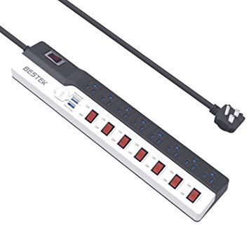 Individual Switches Power Strip with USB,900 Joules Surge Protector with 8 Outlets & 2 Auto 0-2.4A USB,6.6-Foot Extension Cord