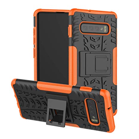 Galaxy S10 Plus Case, Folice [Heavy Duty] [Shockproof] Hybrid Rugged Soft Rubber Hard PC Tough Dual Layer Protective Case Cover with Kickstand for Samsung Galaxy S10  / S10 Plus 6.4 inch (Orange)