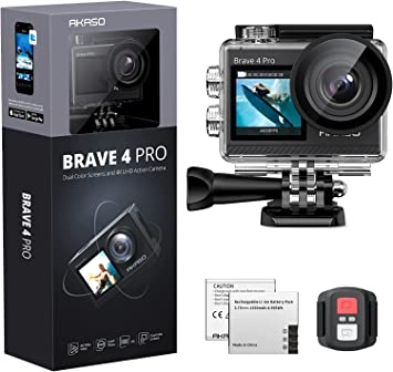 AKASO 4K30fps Waterproof Action Camera - 20MP Dual Screen 40M Underwater Camera, Stabilization, 5x Zoom, 2 Rechargeable 1350mAh Batteries, Remote Control Sports Camera with Accessory Kit (Brave 4 Pro)