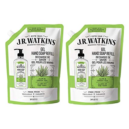 JR Watkins Liquid Hand Soap Refill Pouch, Aloe and Green Tea, 2 Pack, Scented Liquid Hand Wash for Bathroom or  Kitchen, USA Made and Cruelty Free, 34 fl oz