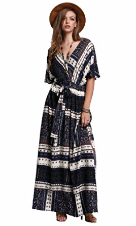 Milumia Women's Boho Split Tie-Waist Vintage Print Maxi Dress