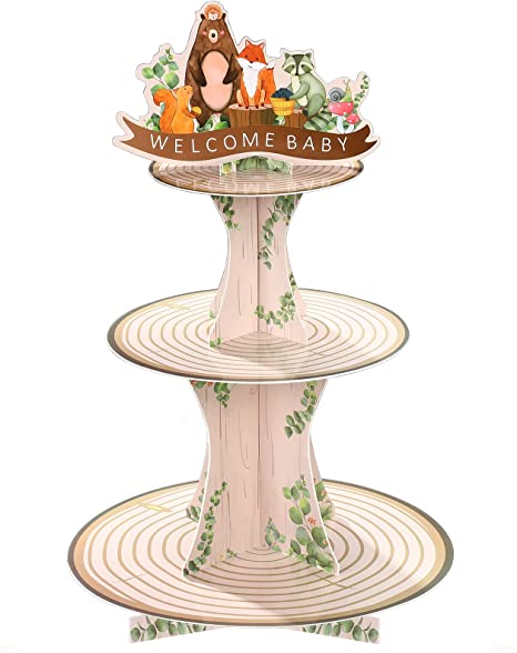 Woodland Baby Shower Decorations Woodland Cupcake Stand, 3 Tier Rustic Jungle Animal Wood Cupcake Holders Woodland Creatures Forest Lumberjack Theme Party for Boy Girl Welcome Party Supplies