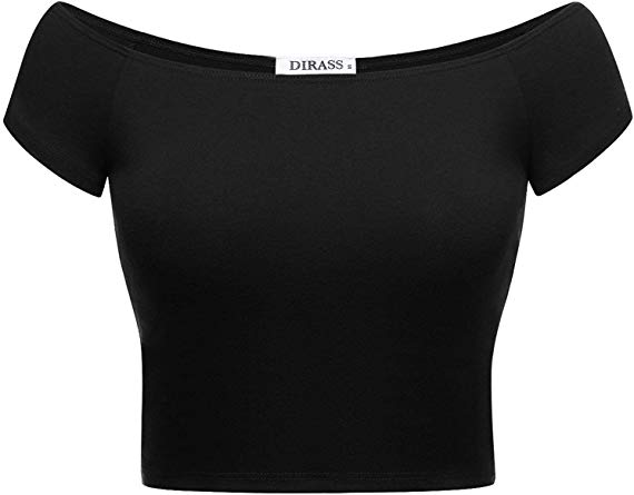 DIRASS Women's Short Sleeve Off The Shoulder Basic Cami Cropped Top Fitted Shirt