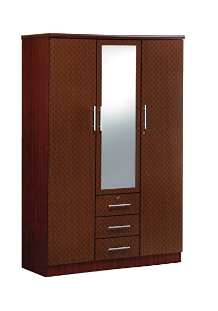 Hodedah Import 3 DOOR Wardrobe with Mirror, Mahogany