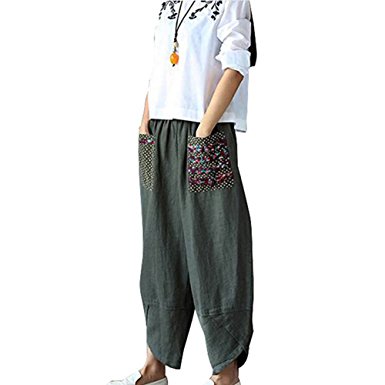 Women Baggy Casual Trousers Cotton Linen Loose Harlan Harem Pants Elastic Waist Wide Patchwork Oversize with Pockets